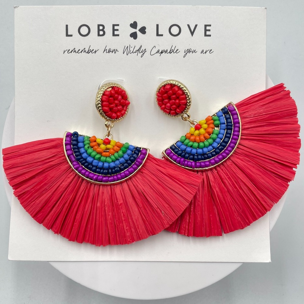 VTG Lobe Love Rainbow Beaded Raffia Fan Drop Earrings Red Fringe Statement New